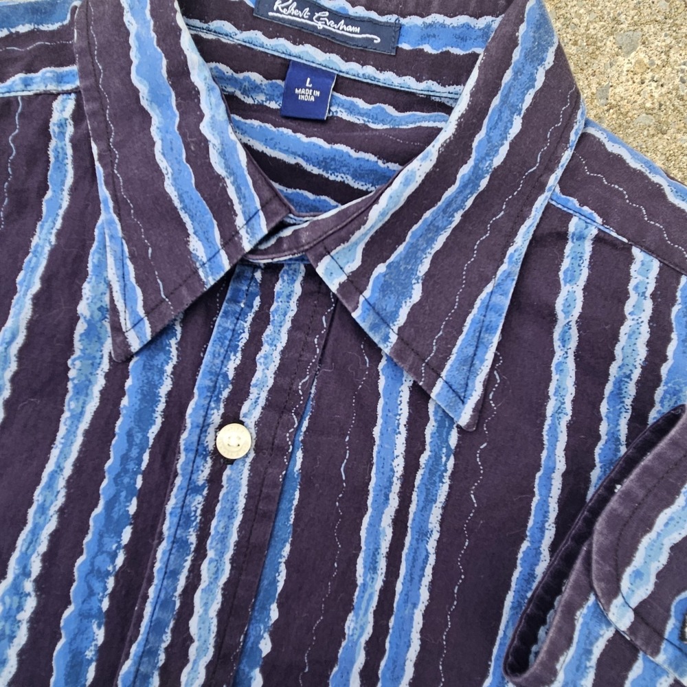 Robert Graham L Bold Abstract Vibrant Watercolor Print Shirt White Blue Navy